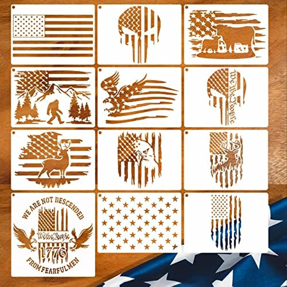 WISYOK 12 Pieces American Flag 50 Star Stencil Templates, 6 Sizes American Flag Templates, Ideal for DIY Crafts Design, Independence Day Project, Amer