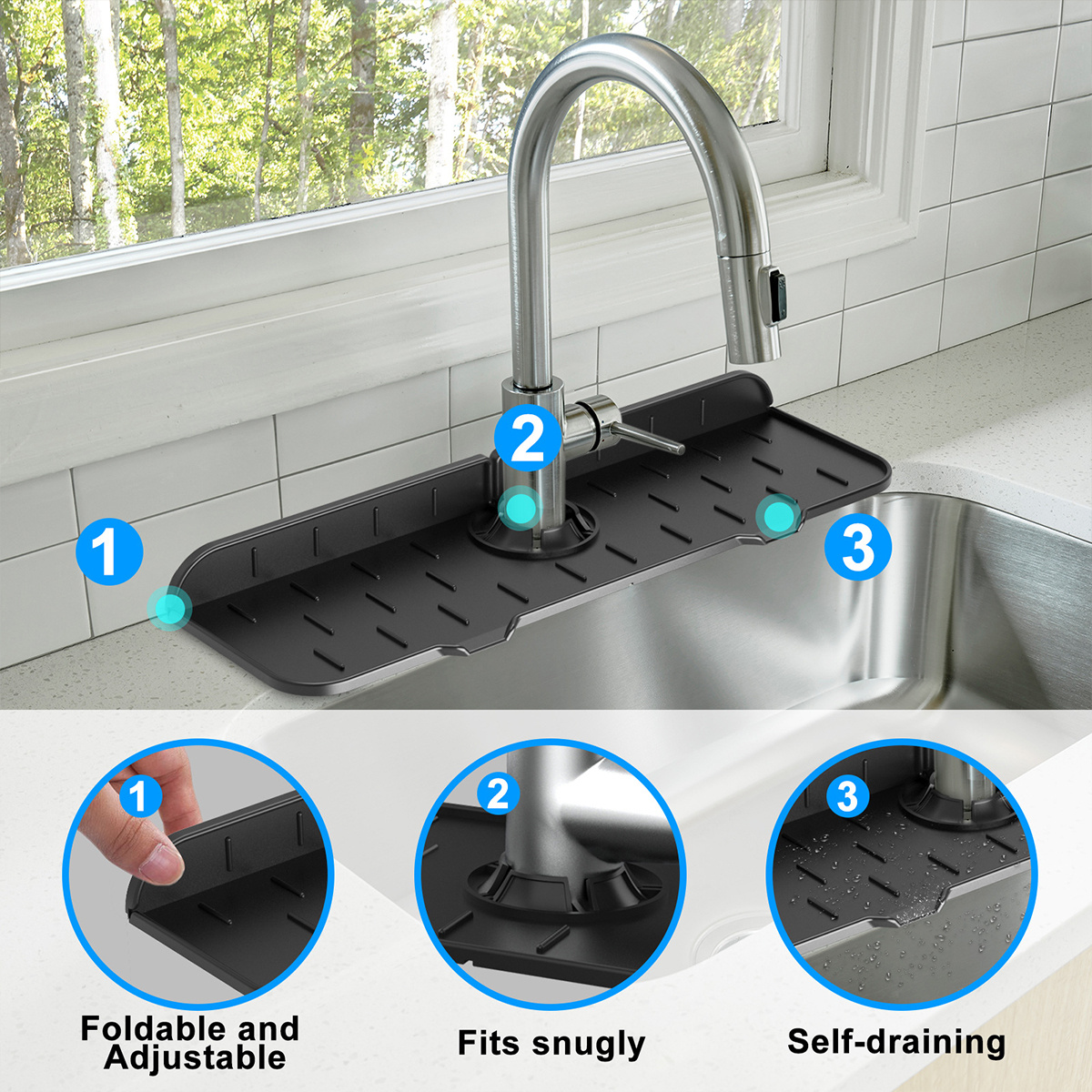 Silicone Sink Faucet Mat, Sink Draining Pad behind Faucet, for