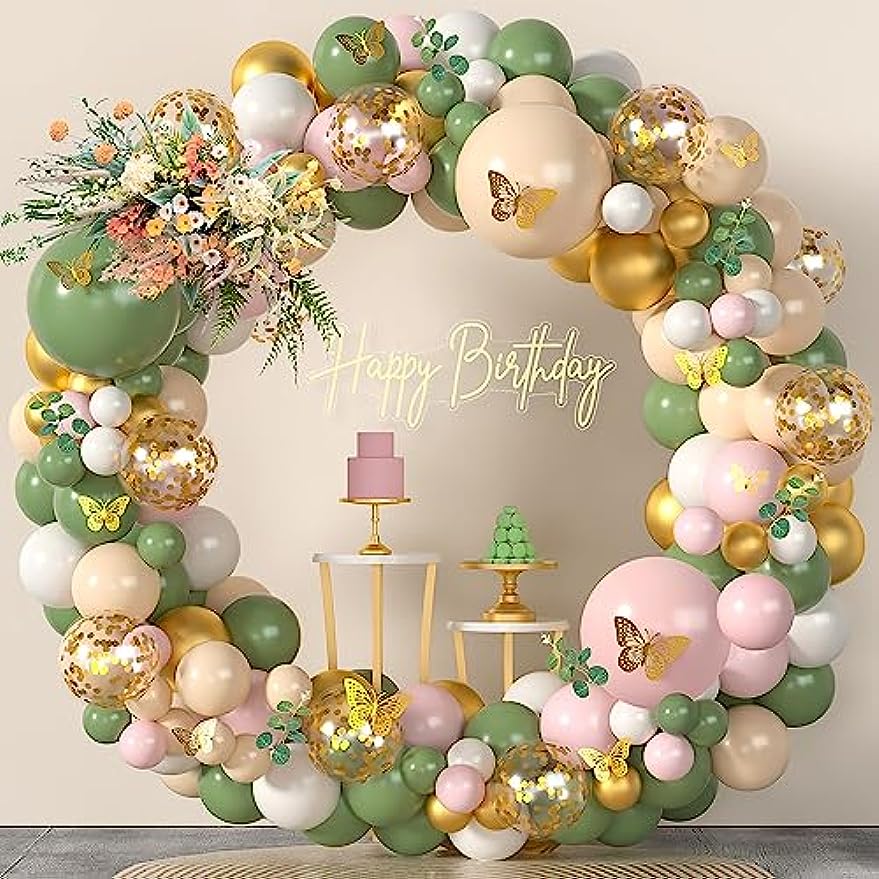 Topico - 117 globos decorativos verde oliva, salvia, durazno, palo de rosa,  dorado, kit guirnalda globos p/a…
