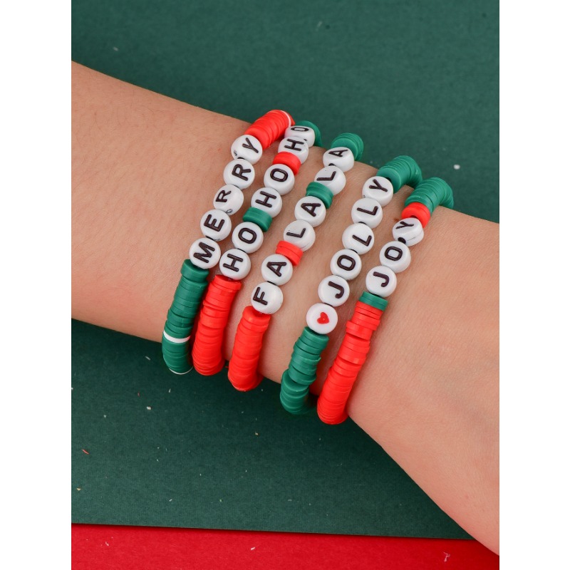 6pcs Red Green White Soft Clay Beads Beaded Bracelet Set Stackable Stretch  Friendship Hand String Jewelry Xmas Gift
