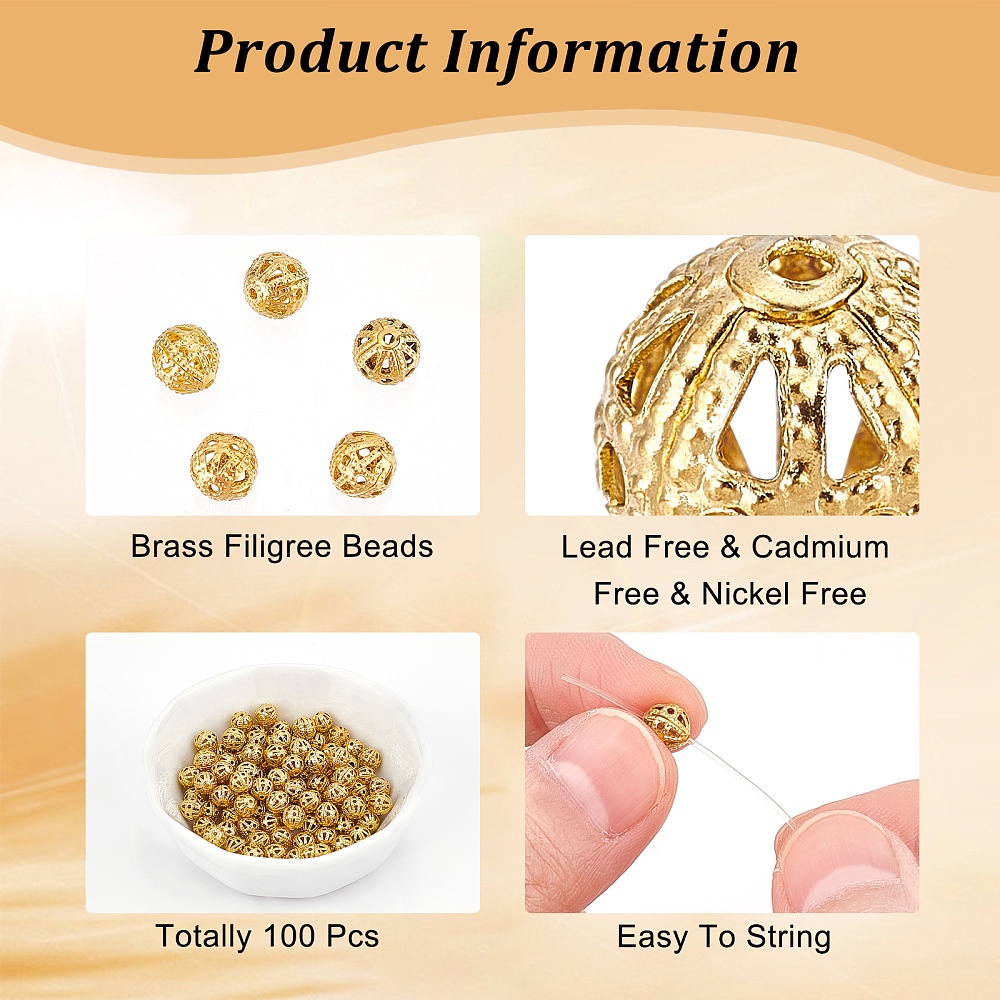 100Pcs 8mm Round Metal Brass Loose Spacer Big Hole beads For