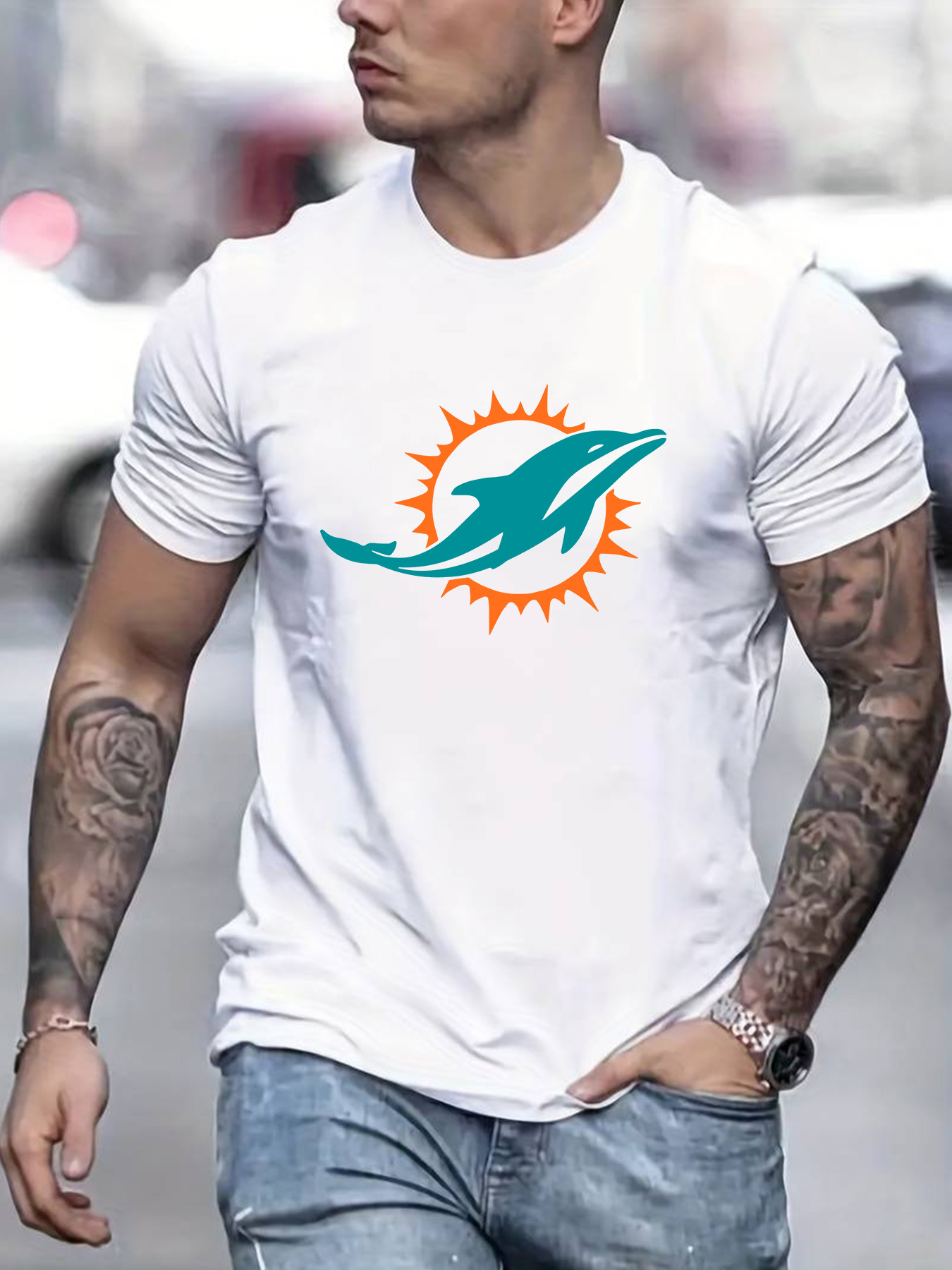 Miami Dolphins Short Sleeve T-Shirts Men's Summer Crew Neck Casual