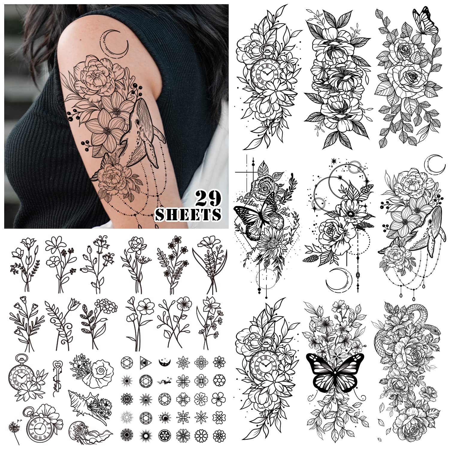 

97 Styles (29 Sheets) Fake Tattoos Women, Long-lasting Personalized Temporary Tattoos Adult, Body Markers Waterproof Tattoo That Look Real For Girls