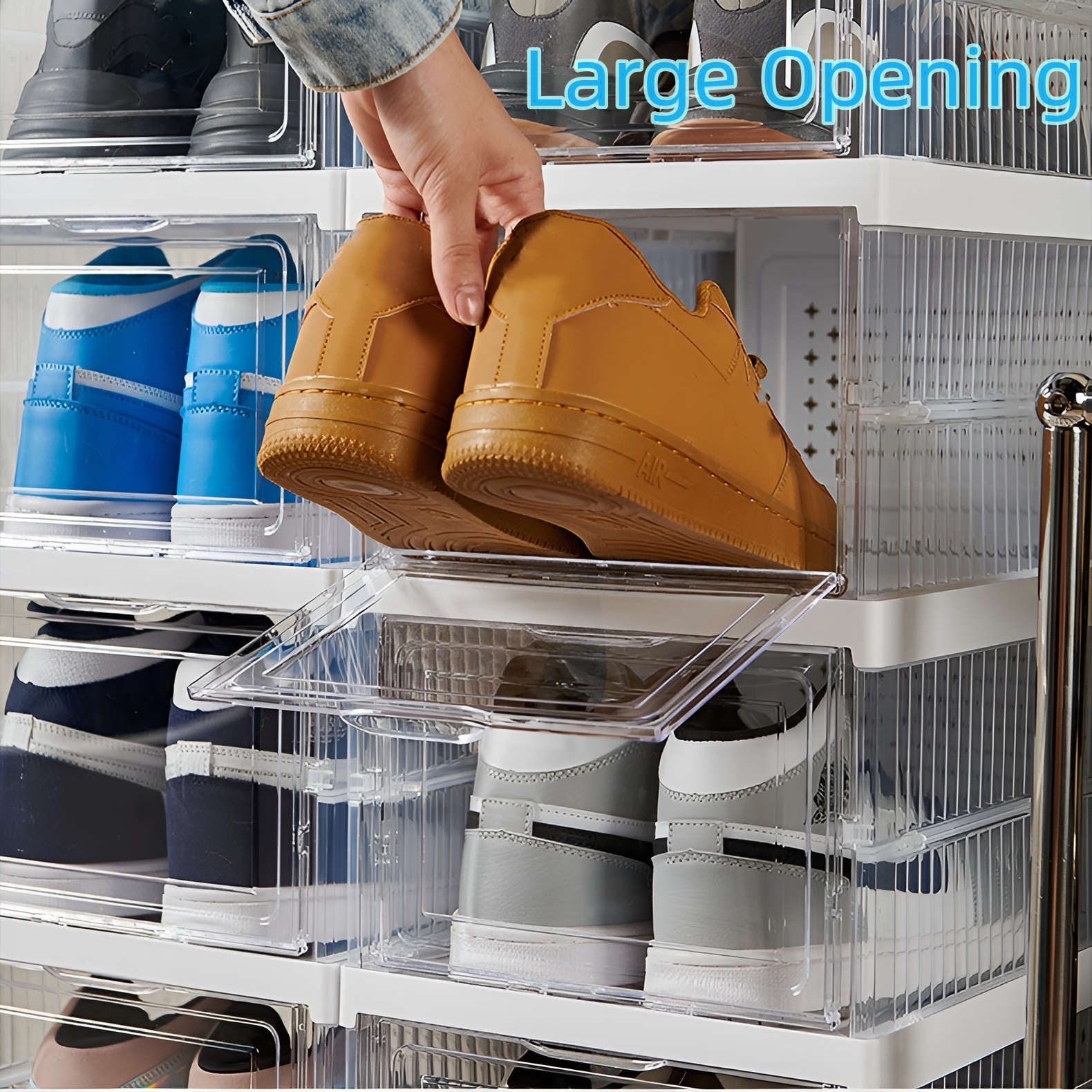  SESENO. 12 Pack Shoe Storage Boxes, Clear Plastic Stackable  Shoe Organizer Bins, Drawer Type Front Opening Shoe Holder Containers :  Home & Kitchen