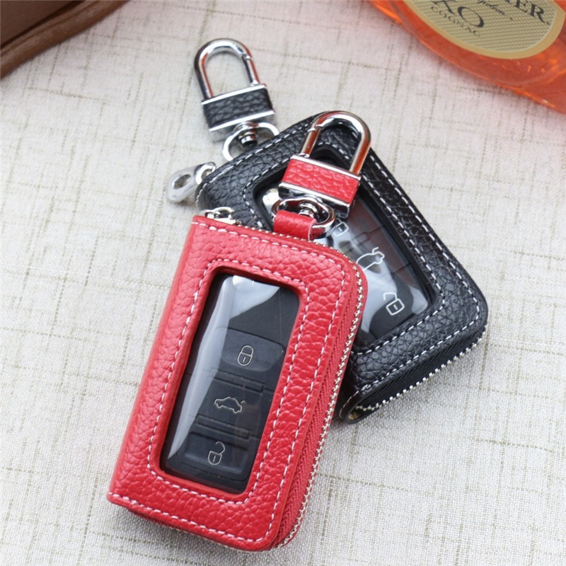 Genuine Leather Car Key Holders Housekeeper Double Zipper Key Case