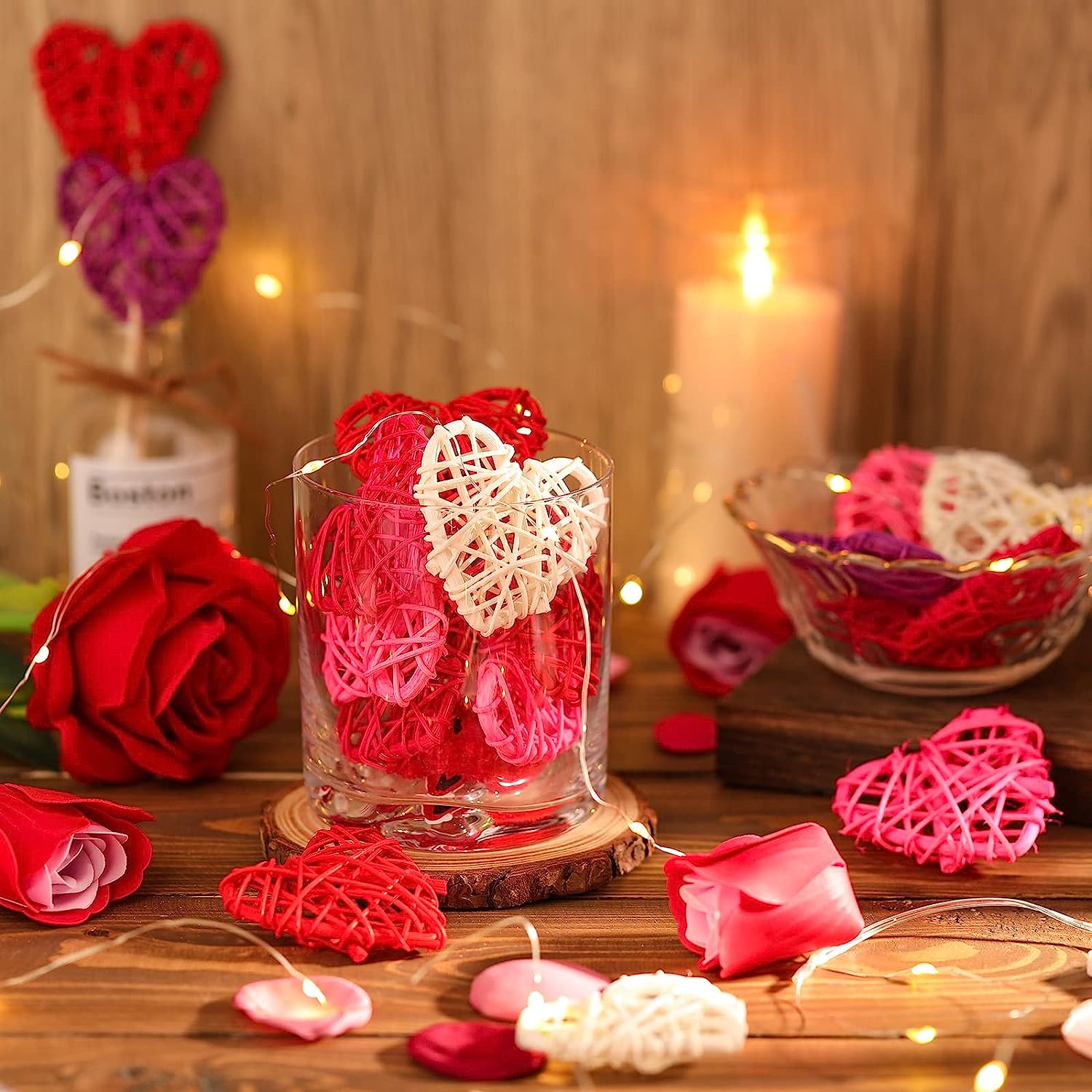 30 Pcs Wicker Rattan Heart Shaped Balls 2.36 Inches DIY Craft Vase Filler  Valentines Day Vase Filler Decor Balls Red Pink Rose Red Decorative Vase