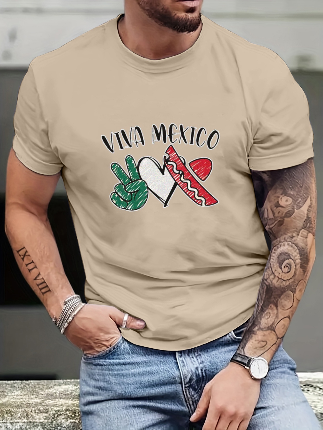 Plus Size Men's Mexican Flag Heart/gesture Graphic Print T - Temu