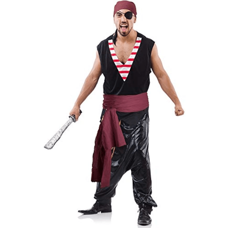 12 piezas de accesorios de disfraz de pirata de Halloween de piel  sintética, sombrero de pirata, bufanda para la cabeza, faja, parche de ojo,  collar
