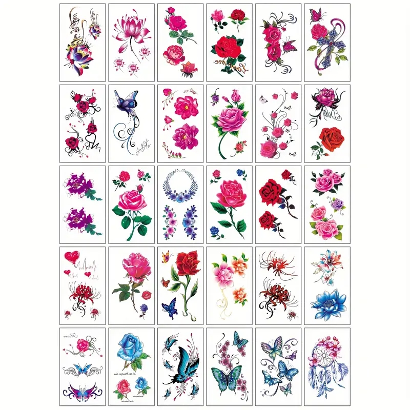 

30pcs Waterproof Tattoo Stickers, Long Lasting Temporary Tattoos, Butterfly Lotus And Rose Multicolored Pattern, Face Arm Back Leg Stickers Body Art
