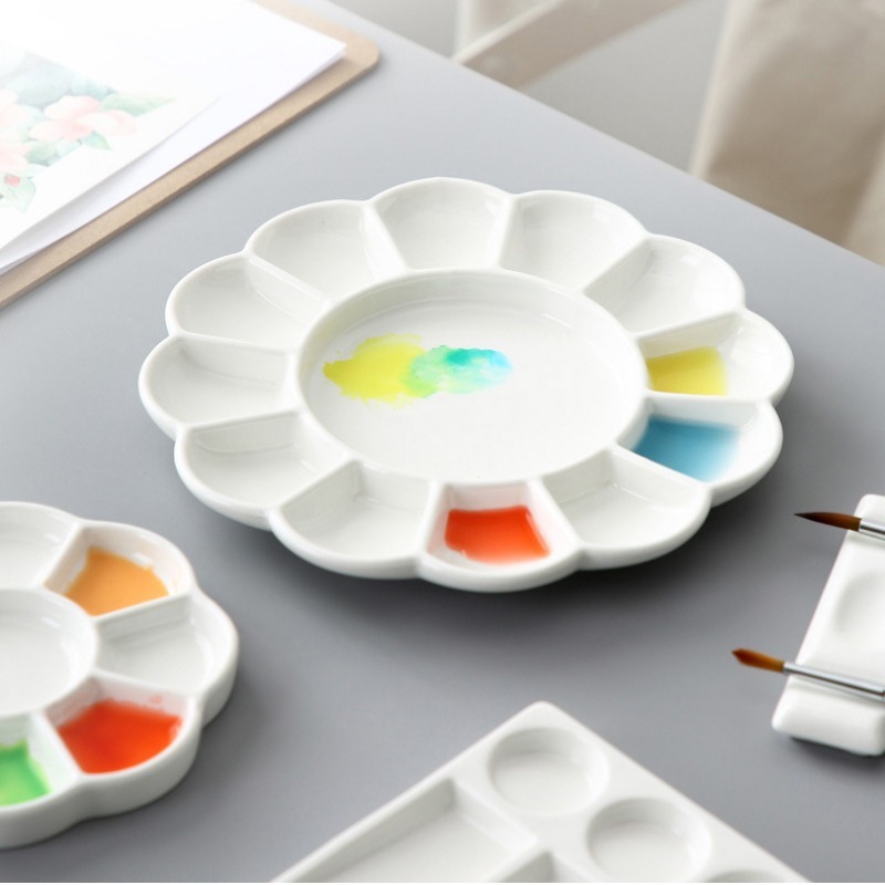 BIJIAMEI Watercolor Paint Palette with 12-Well, Round Porcelain Paint  Palette Mixing Tray Artist Ceramic Paint Palette for Watercolor, Gouache