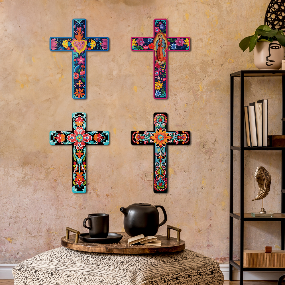 メキシコの十字架木製ウォールアート装飾1個 死者の日の装飾木製壁掛け 