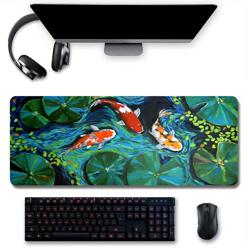 Koi Fish Deskmat Laptop Office Anime Mouse Pad Black Gaming Mouse