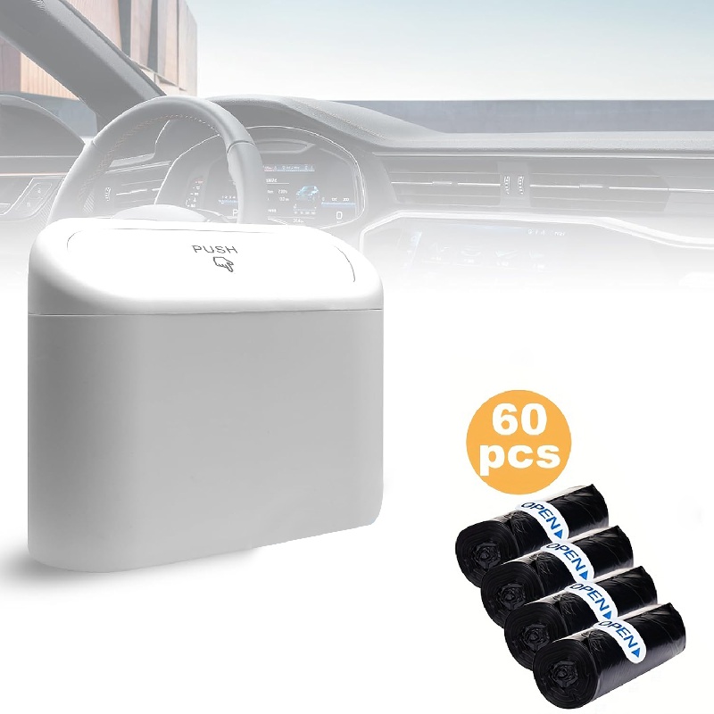 Mini Car Trash Can Bin with Lid, 60pcs Bags, Leakproof, Easy Installation &  Cleaning