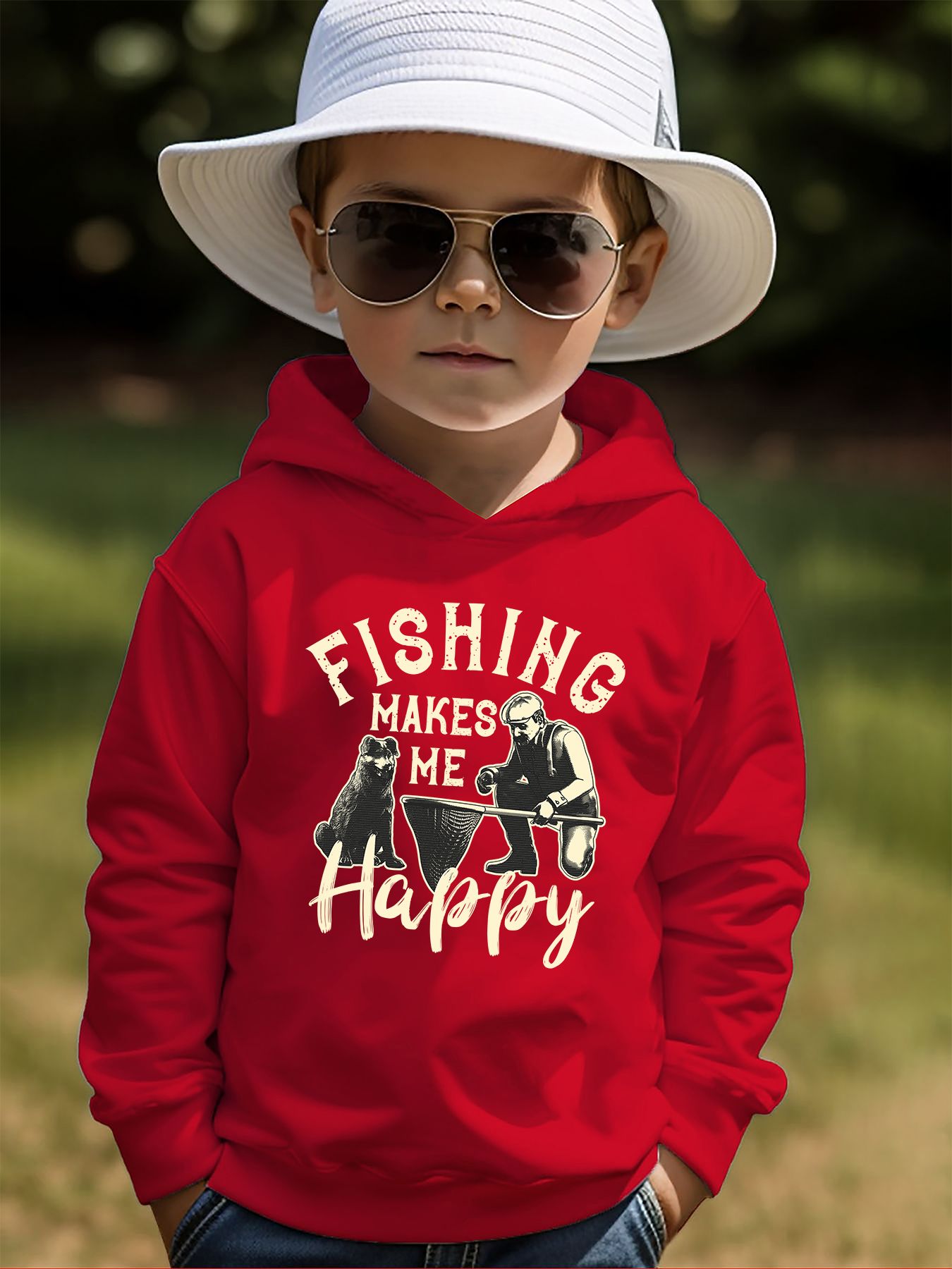 FISHING MAKS ME HAPPY Print Kid's Hoodie, Causal Pullover, Hooded Long Sleeve Top, Boy's Clothes For Spring Fall, As Christmas Gift