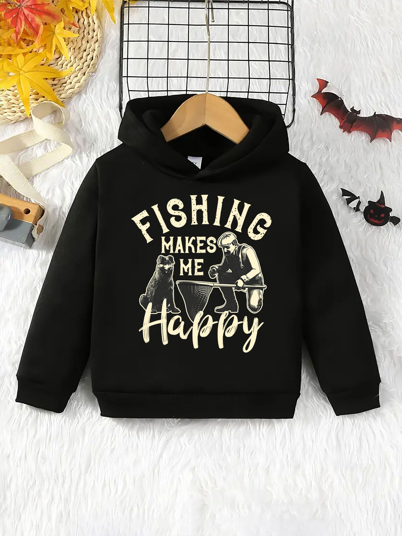 Fishing Maks Me Happy Print Kid's Hoodie, Causal Pullover, Hooded Long Sleeve Top, Boy's Clothes for Spring Fall, As Christmas Gift,Temu