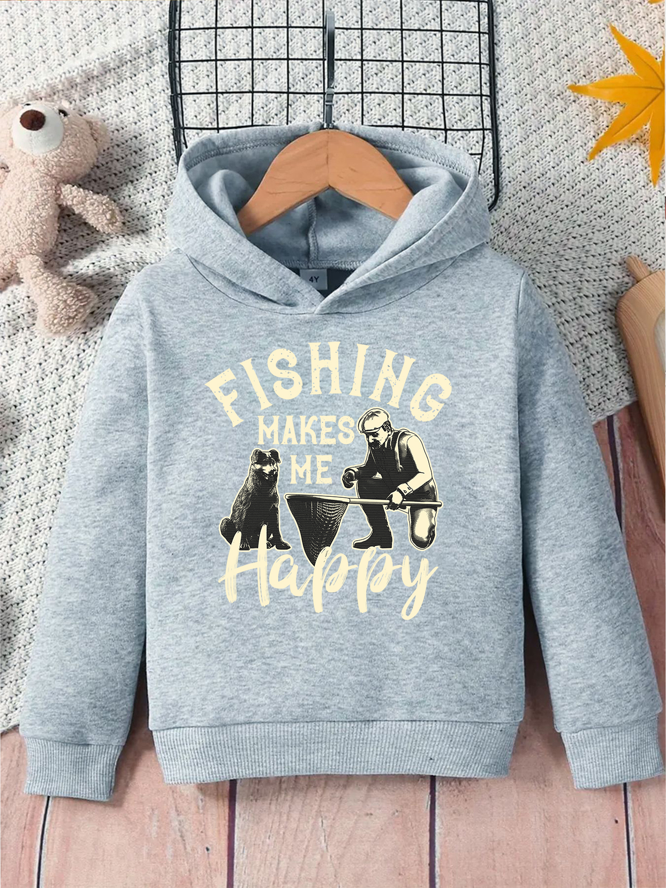 Fishing Maks Me Happy Print Kid's Hoodie, Causal Pullover, Hooded Long Sleeve Top, Boy's Clothes for Spring Fall, As Christmas Gift,Temu