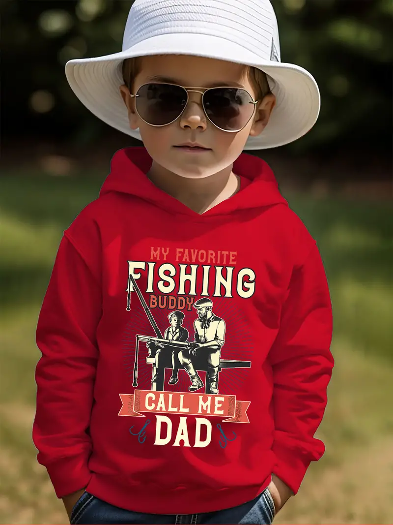 Fishing Buddy Print Kid's Hoodie, Causal Pullover, Hooded Long Sleeve Top, Boy's Clothes for Spring Fall,Temu
