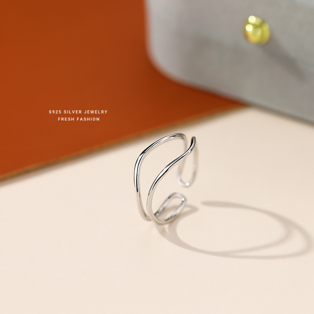 

1pc S925 Sterling Silver Double Layer Line Ring, Minimalist Geometric Curved Hollow Design Finger Ring For Teen Girls