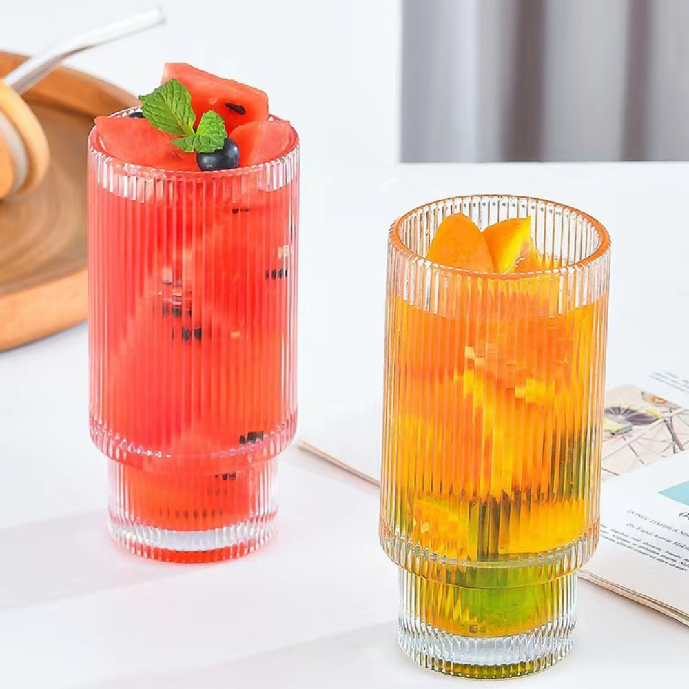 Ribbed Glass Cups With Lids And Straws, Drinking Glasses, Origami
