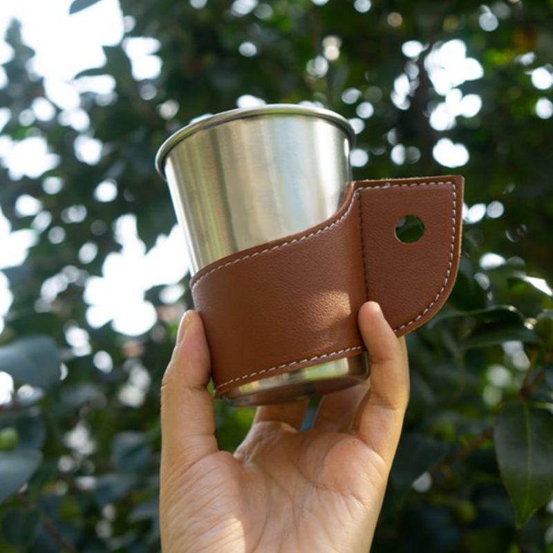 1pc Outdoor Paper Cup With Stainless Steel & Pu Cup Sleeve