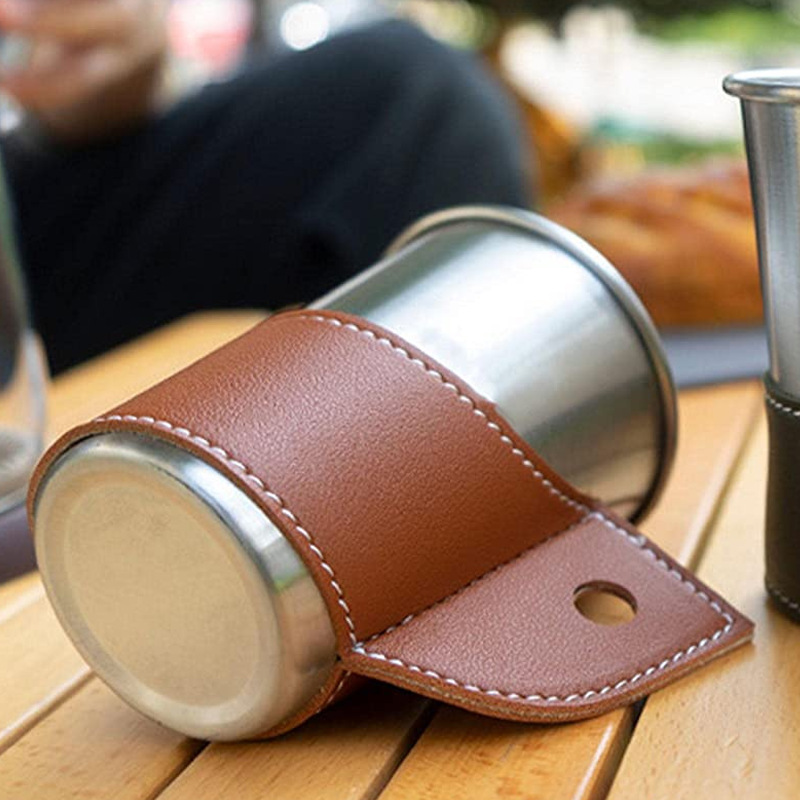 1pc Outdoor Paper Cup With Stainless Steel & Pu Cup Sleeve