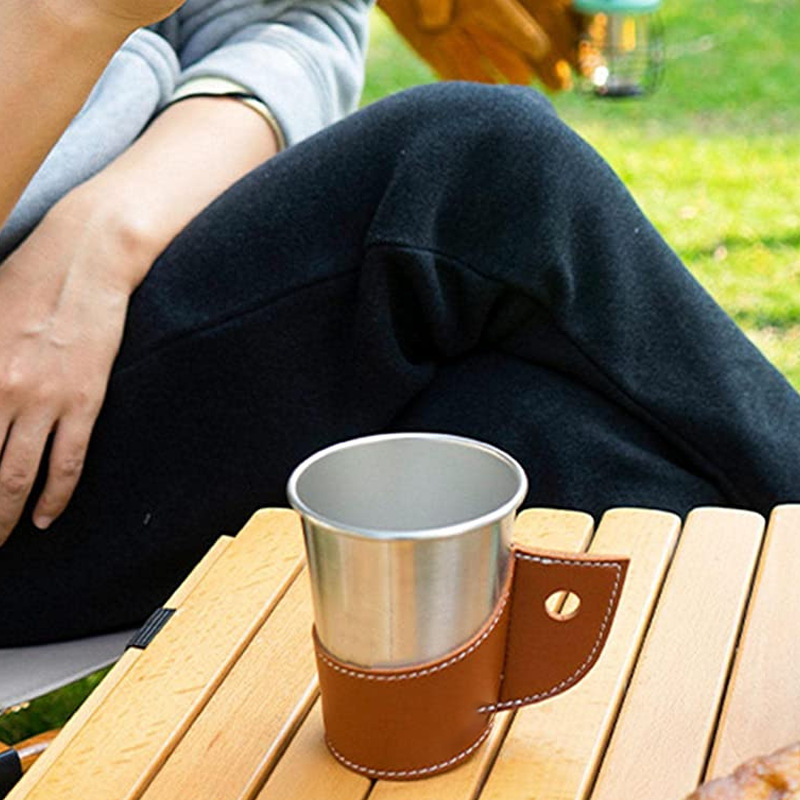 1pc Outdoor Paper Cup With Stainless Steel & Pu Cup Sleeve