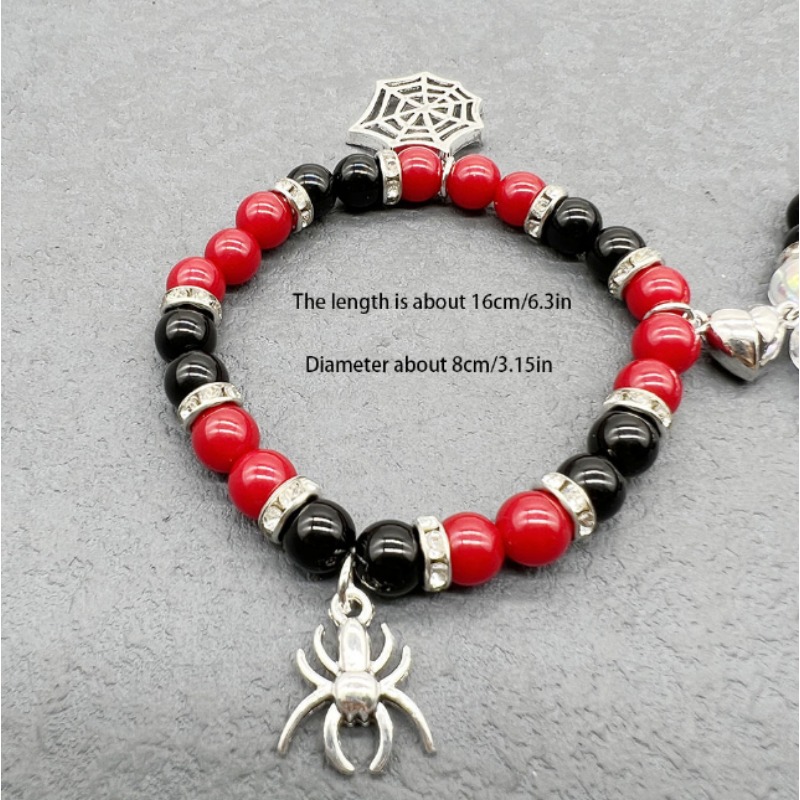 2pcs Halloween Couple Bracelets, Red and Black Beaded Bracelets, Spider Pendants, Holiday Gifts, Christmas Gifts,Temu