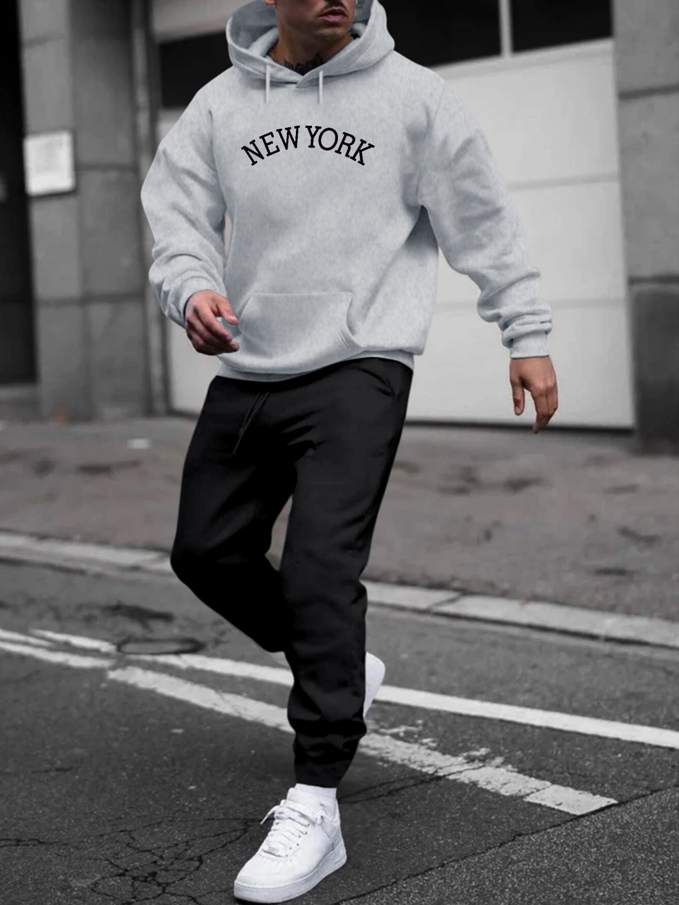 Casual 2pcs Set, Men's New York Print Hooded Sweatshirt & Drawstring  Sweatpants Matching Set For Fall Winter