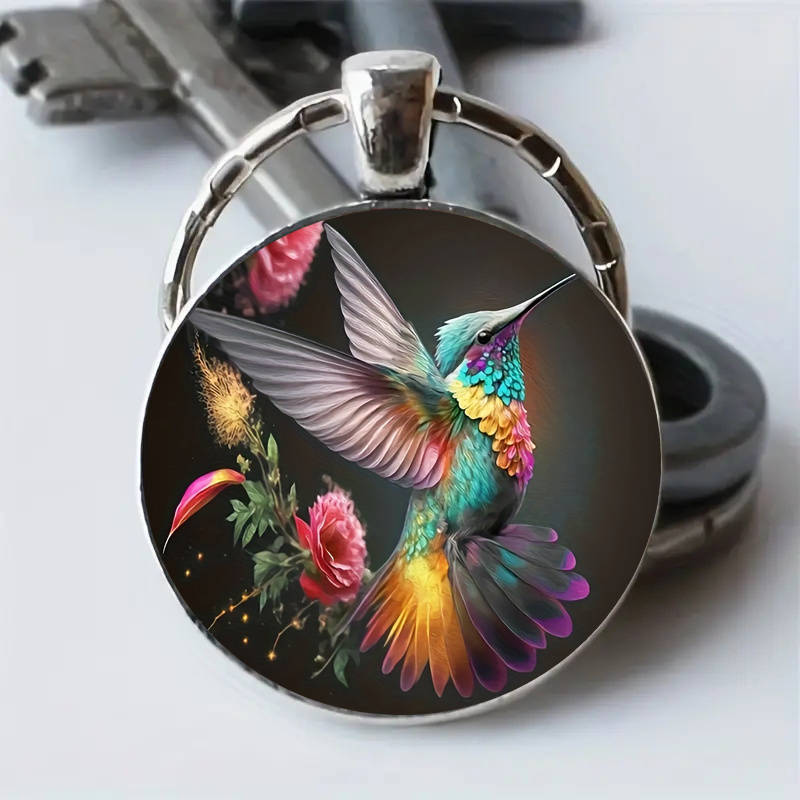 painted hummingbird keychain and necklace fashionable round creative design animal metal keychain for men anniversary birthday party gift details 0