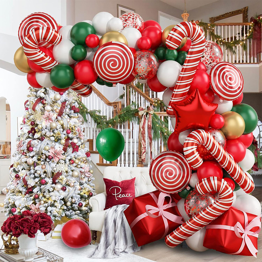 Bijou de noël Guirlande de noël Kit d'arche Vert Or Rouge Bonbons Baloon  Décoration de Noël Pour La maison Fête de Noël Nouvel An Latex Ballons