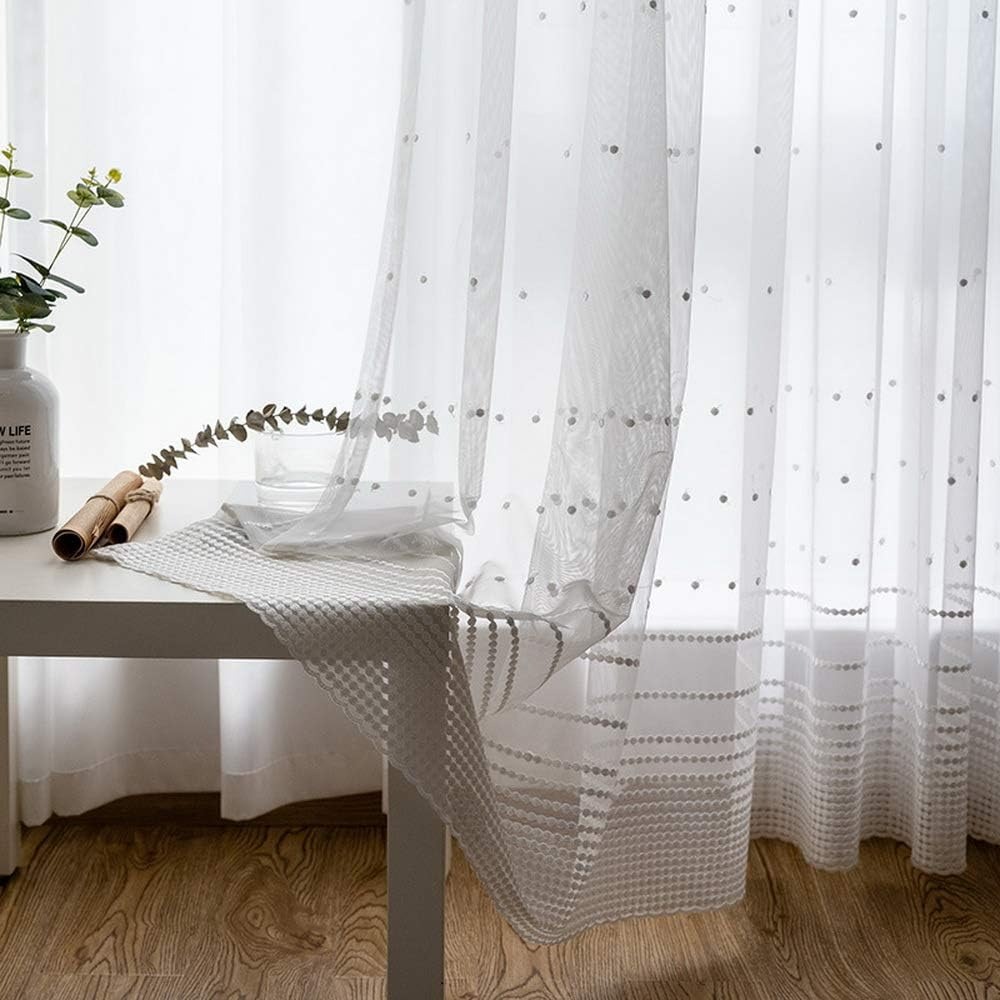 Image of 1panel Modern White Dots Sheer Curtain For Bedroom Dining Room Embroidery Transparent Curtain Rod Pocket Window Tulle For Living Room Patio Decor