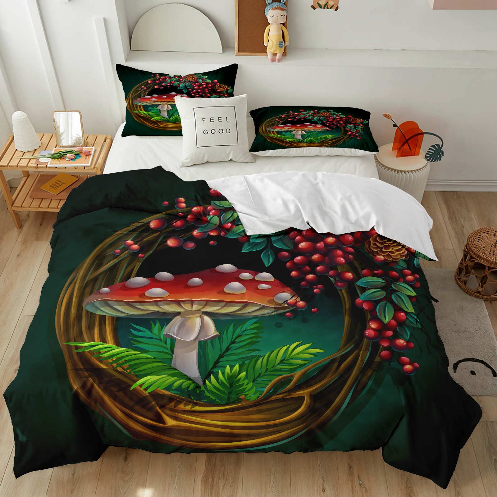 Woodland Duvet Cover and Pillow Cases, Mushrooms Bed Accessories