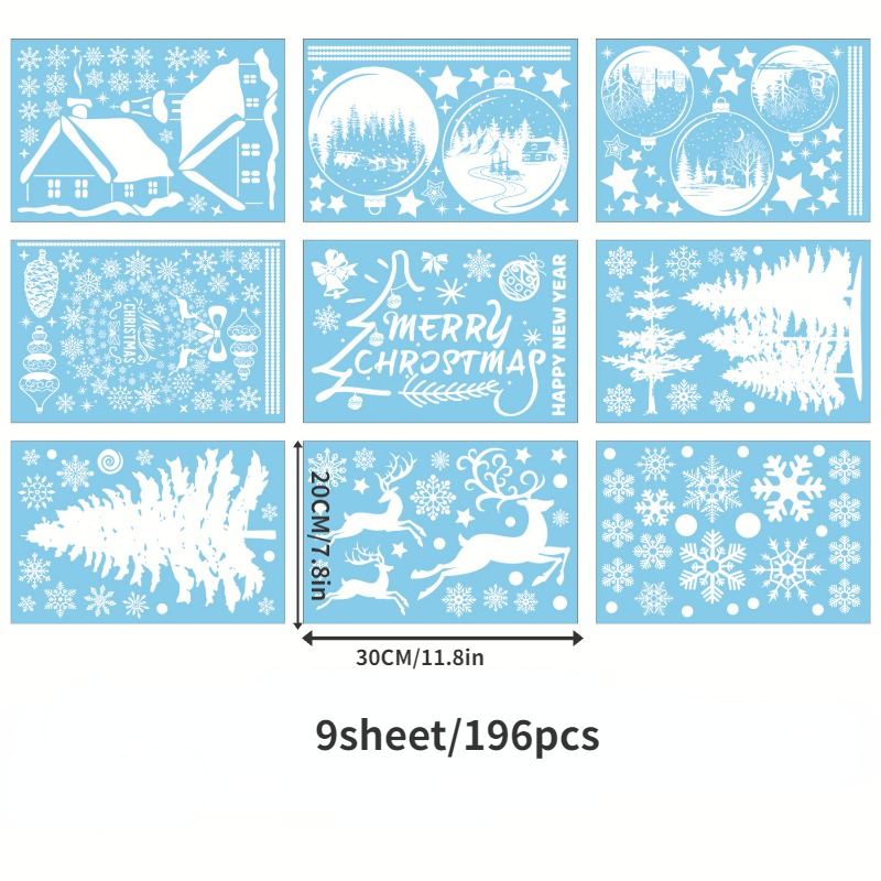 196pcs Of Double-sided Christmas Window Stickers Featuring Merry Christmas Trees And Snowflakes, Made Of White Pvc, Perfect For Decorating For Home Or Shop Windows. In 9 Sheets
