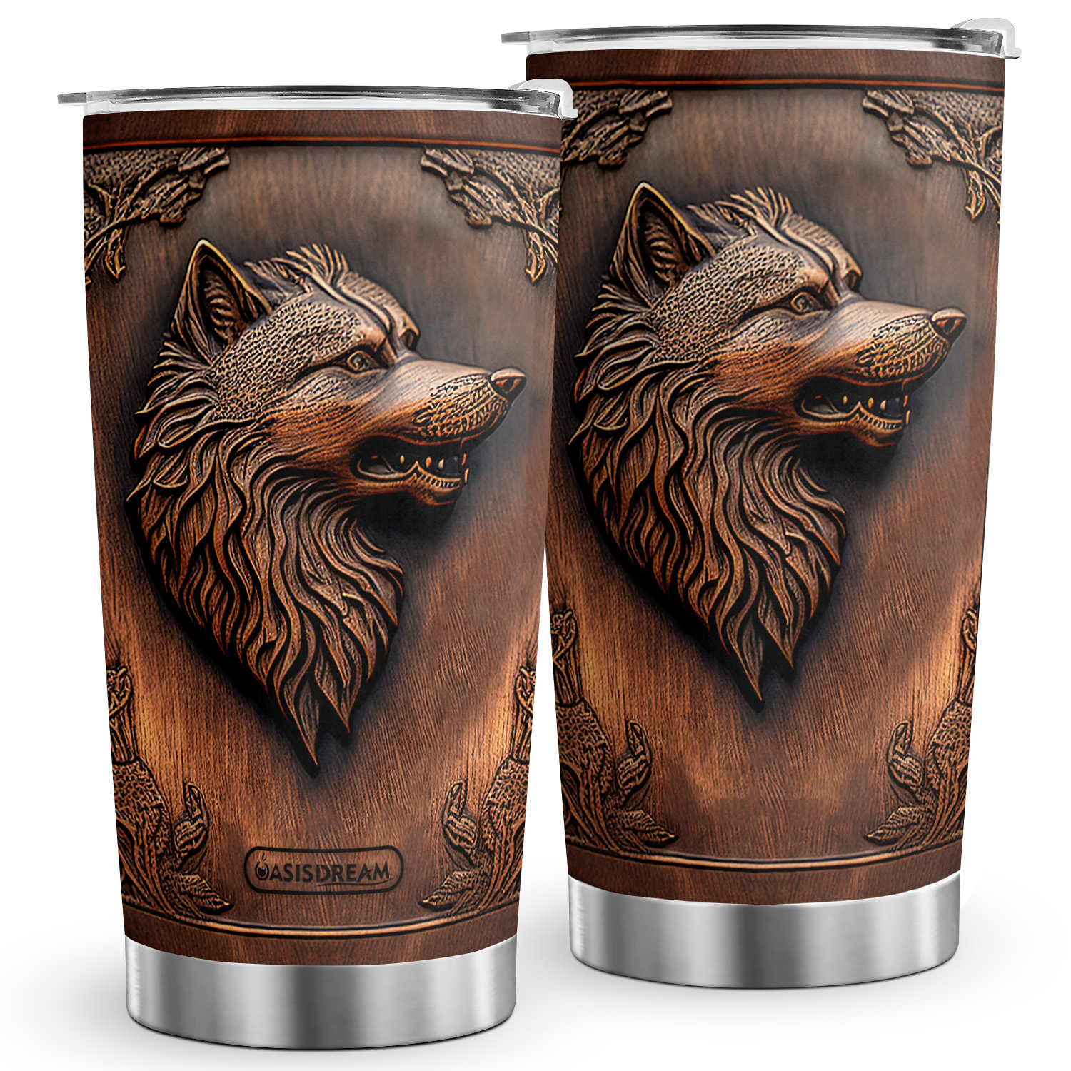 1pc 20oz Unique Birthday Gifts Printed Wooden Style Wolf Tumbler Cup, Travel Coffee Mug With Lid Stainless Steel Vacuum Cup For Ice Or Hot Beverage