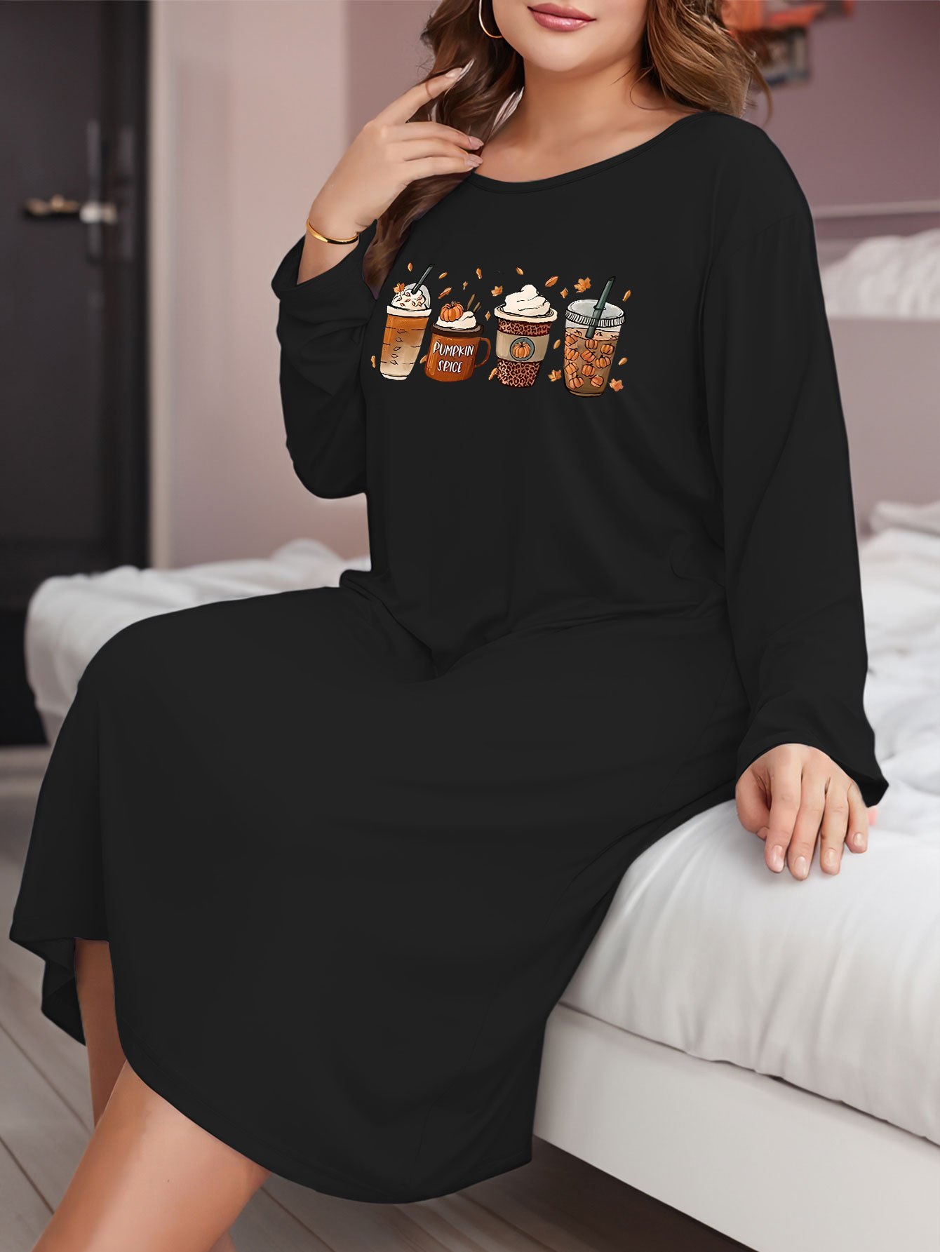 Graphic Print Long Sleeve Sleep Dress