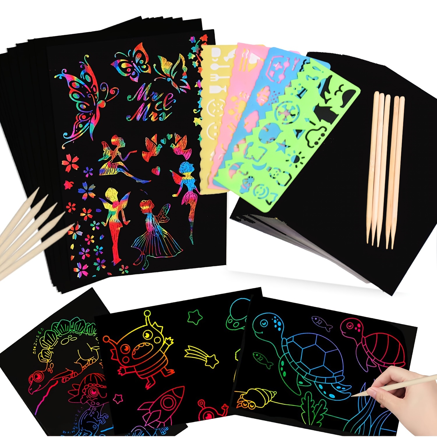 Scratch Art Painting Kits for Adults & Kids, Rainbow Painting Sketch Night  View Scratchboard(A4), Crafts Set: 8 Sheets Scratch Cards with 6 tools in