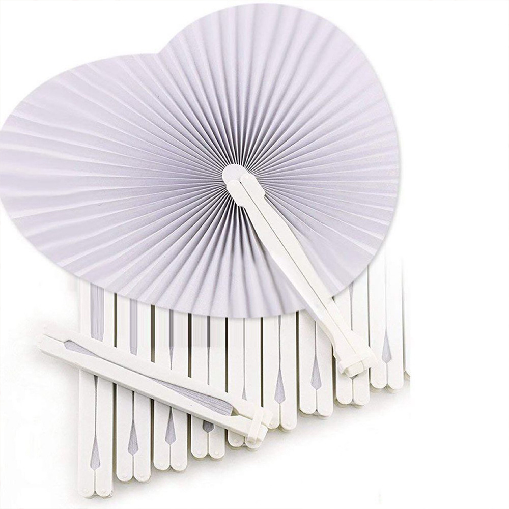 24 Pcs White Heart Shaped Paper Fans Handheld Folding For Wedding Party