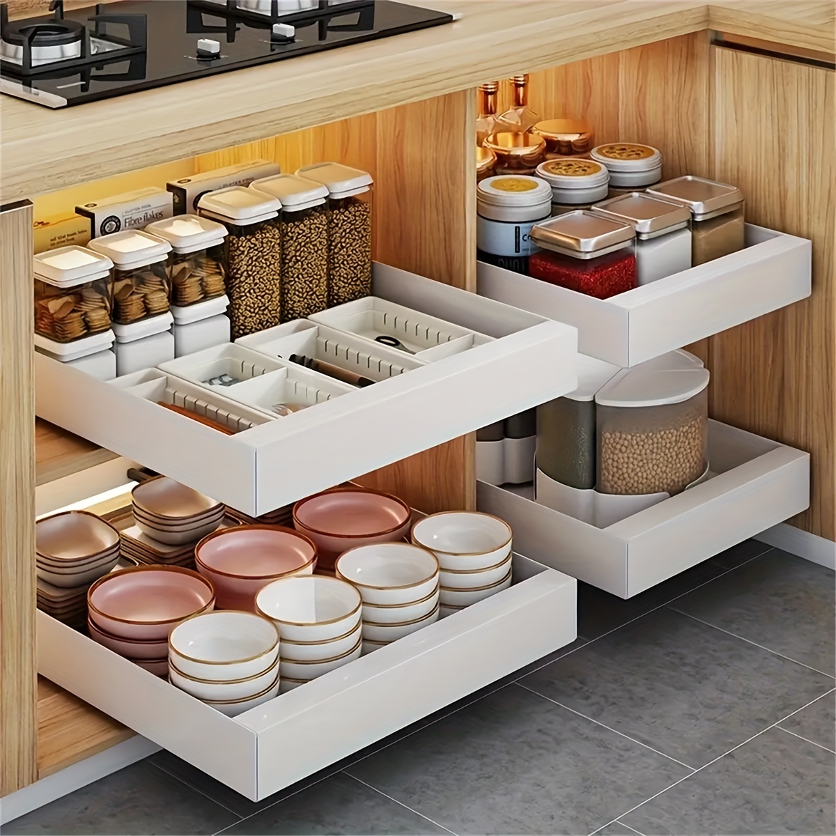 Kitchen Dish Storage Rack Cabinet Built-in Homemade Drawer-style Pull  Basket For Bowls And Plates Drainage Shelf