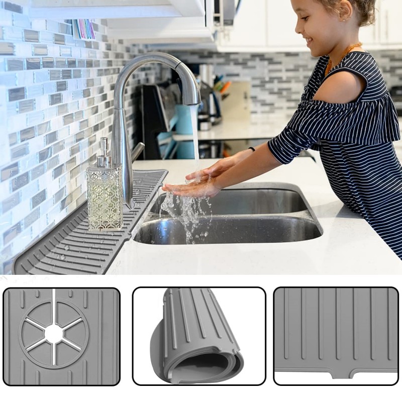 1pc, Silicone Faucet Handle Drip Catcher Tray Mat, 14.5inch/4.9inch,  Silicone Faucet Mat Dish Soap Sponge Holder For Kitchen Sink Accessories  Gadgets, Drying Mat For Kitchen Counter Bathroom Kitchen Sink Splash Guard