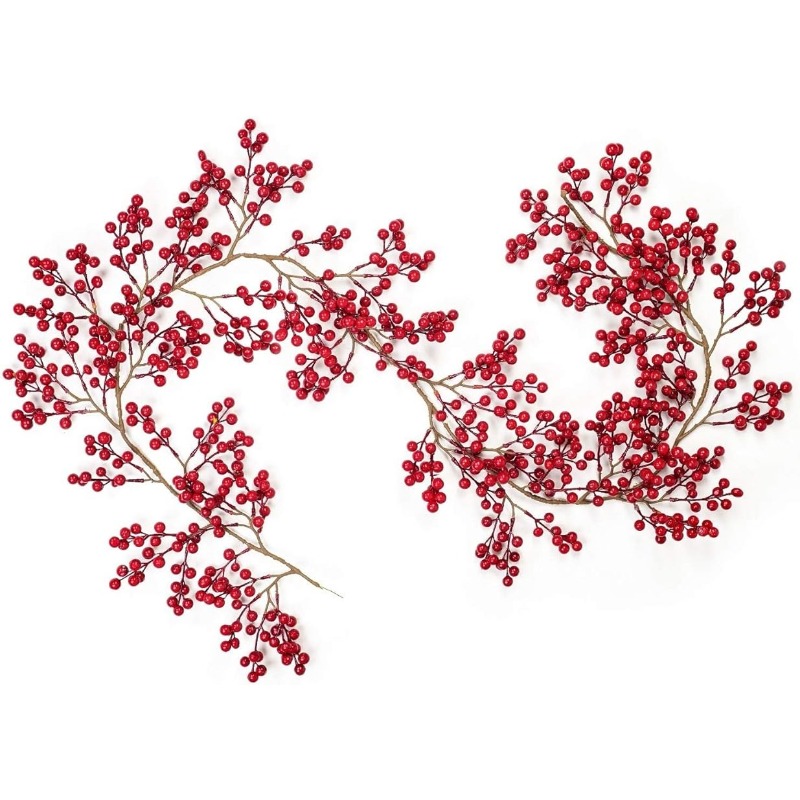Christmas Garland, Happiwiz Red Berry Garland 6.4 ft Flexible Artificial Christmas Holly Berry Vine, Winter Berry Garland for Mantle Xmas Tree Window