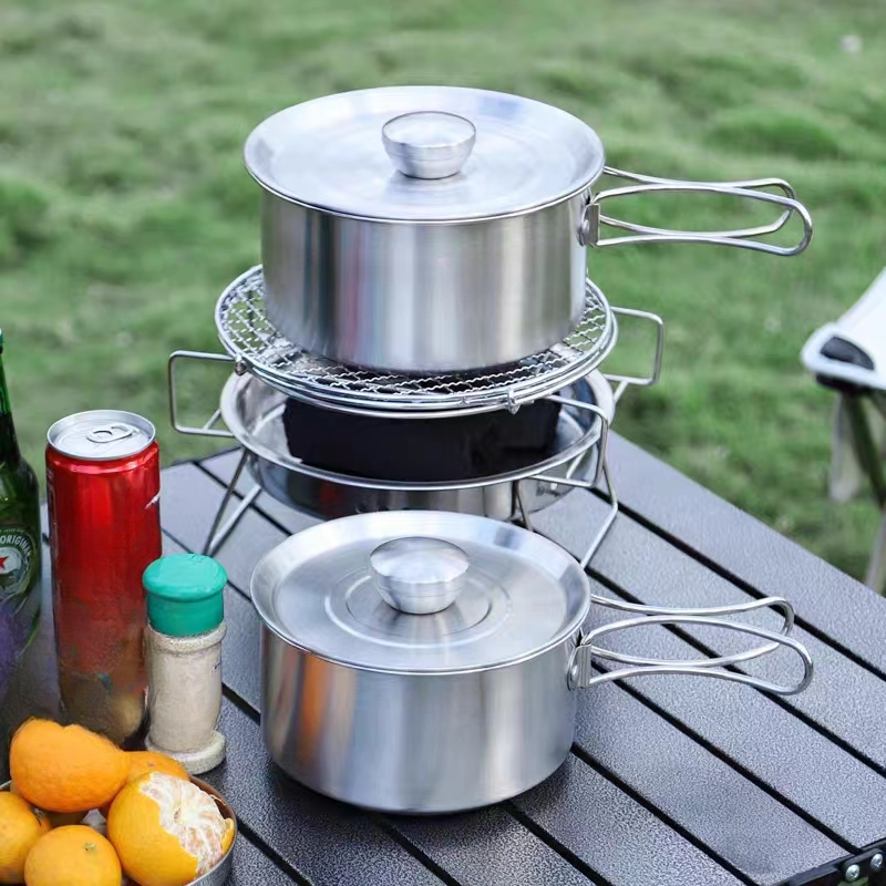 Olla de camping ligera con tapa, juego de ollas de camping, kit de  utensilios de cocina de camping con bolsa de almacenamiento para senderismo