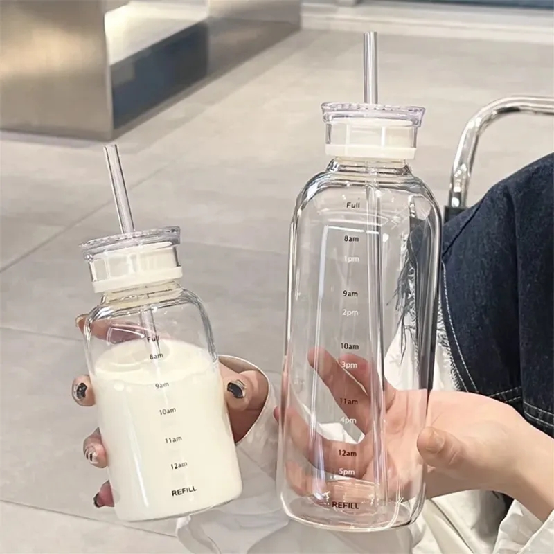 500/650ml Transparent Large Capacity Glass Bottle With Time Marker Cover  Water Drinks For Milk Juice Tea Coffee Simple Cup Sport - Water Bottles -  AliExpress