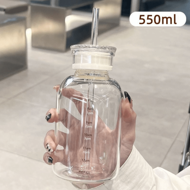 500/650ml Transparent Large Capacity Glass Bottle With Time Marker Cover  Water Drinks For Milk Juice Tea Coffee Simple Cup Sport