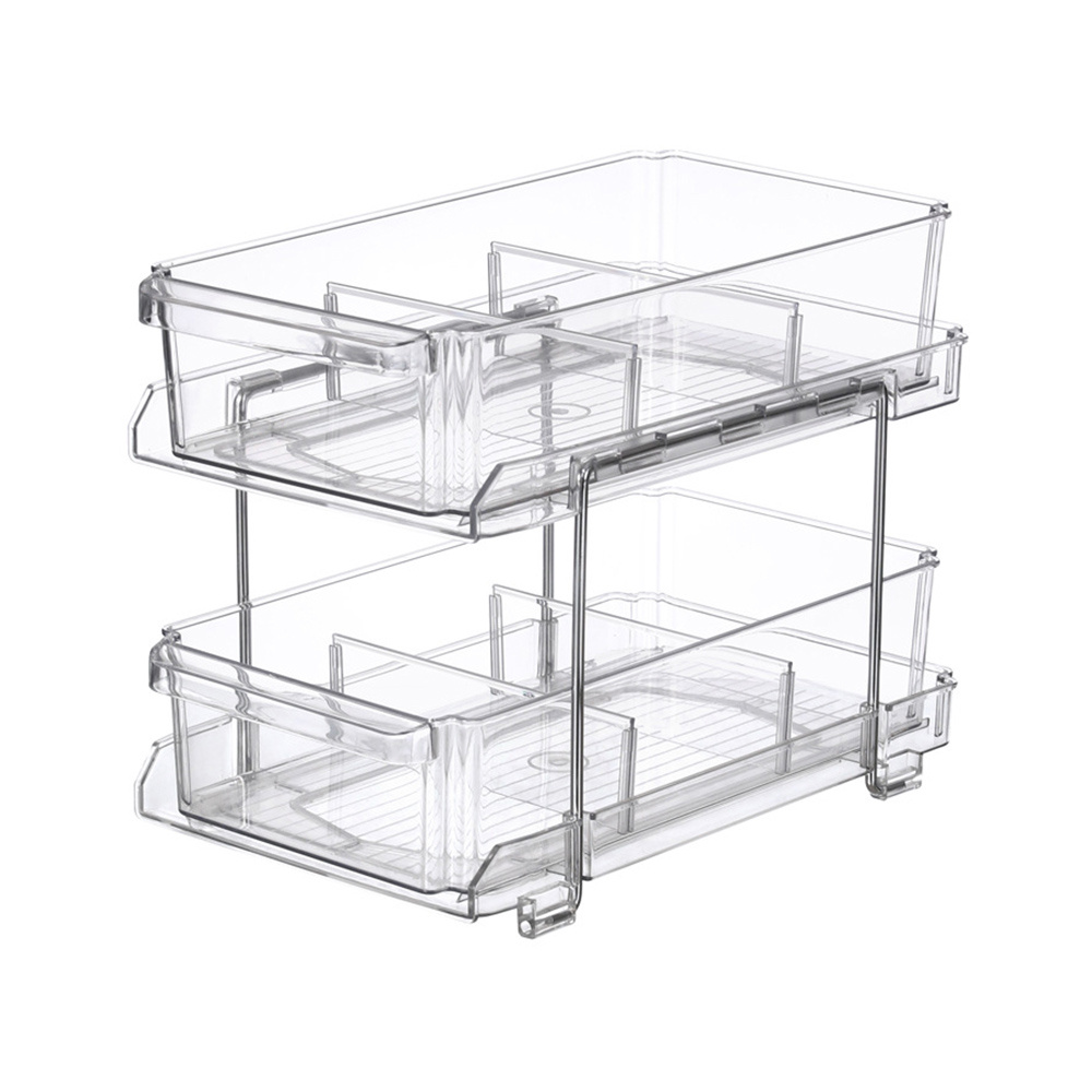 2 Tier Clear Organizer with Dividers, Multi-Purpose Slide-Out Storage  Container, Bathroom Vanity Counter Organizing Tray, Under Sink Closet