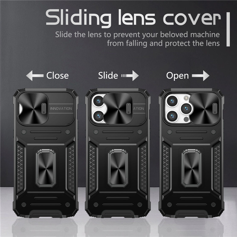 built in magnetic guide ring stand case shockproof protective cover with slide lens protector for iphone 15 pro max 15 plus iphone 14 pro max 14 plus iphone 13 pro max iphone 12 pro max 3