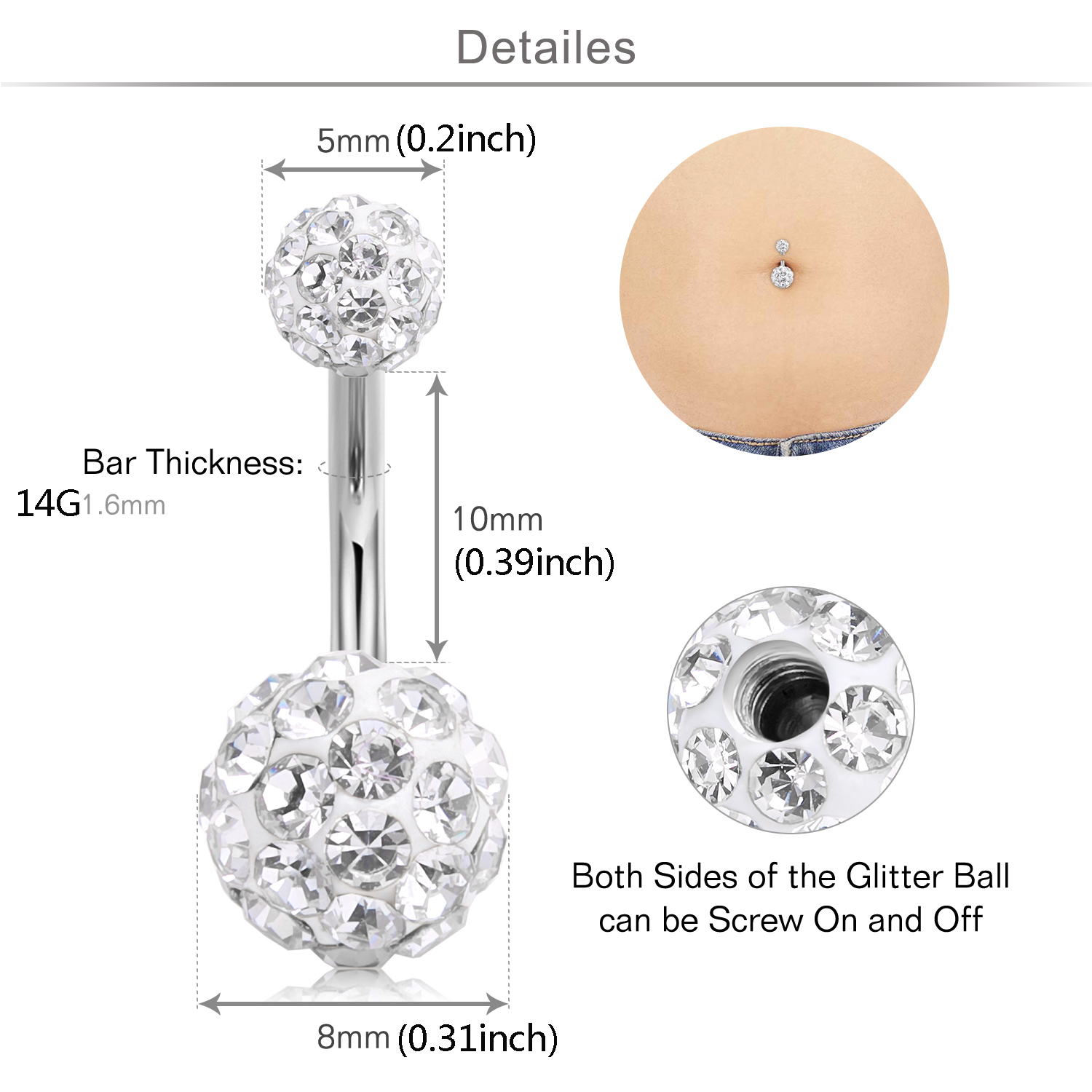 Shiny Glitter Inlaid Ball Navel Ring 14G Surgical Steel Belly Button R