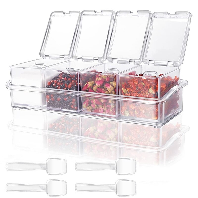 Transparent Condiment Organizer - Acrylic Spice Box with Spoons and Lids -  Multifunctional Kitchen Storage (Small)