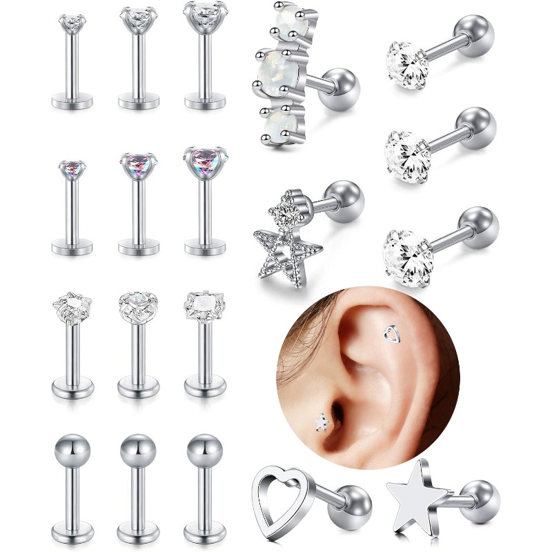 

21pcs 16g Cartilage Earrings Hoop Studs For Women Forwards Helix Earring Hoop Rook Daith Conch Tragus Earrings Stainless Steel Piercing Jewelry