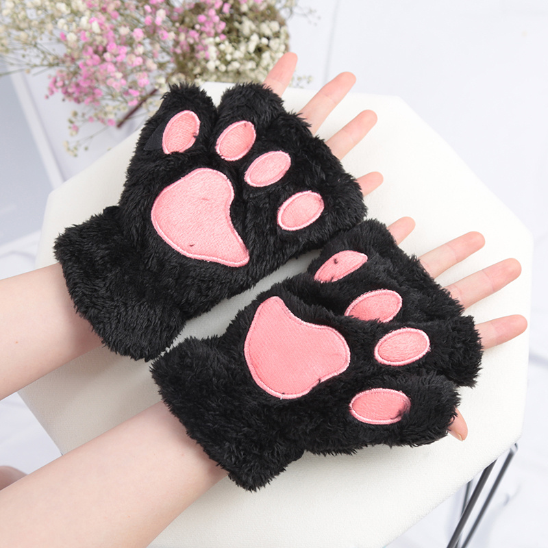 Kawaii Cat Paw Plush Gloves Short Thickened Warm Fleece Half Finger Gloves Women's Autumn Winter Soft Cozy Coldproof Gloves details 1