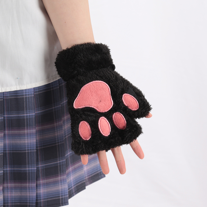 Kawaii Cat Paw Plush Gloves Short Thickened Warm Fleece Half Finger Gloves Women's Autumn Winter Soft Cozy Coldproof Gloves details 6